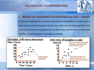 CALCULO DE LA CONFIABILIDAD
1.- Medida de estabilidad (Confiabilidad por test – retest):
En este procedimiento un mismo instrumento de medición se aplica dos o
más veces a un mismo grupo de personas, después de cierto periodo. Si la
correlación entre los resultados de las diferentes aplicaciones es altamente
positiva, el instrumento se considera confiable.
 