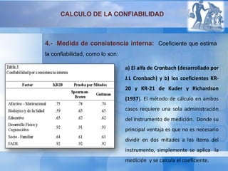 a) El alfa de Cronbach (desarrollado por
J.L Cronbach) y b) los coeficientes KR-
20 y KR-21 de Kuder y Richardson
(1937). El método de cálculo en ambos
casos requiere una sola administración
del instrumento de medición. Donde su
principal ventaja es que no es necesario
dividir en dos mitades a los ítems del
instrumento, simplemente se aplica la
medición y se calcula el coeficiente.
CALCULO DE LA CONFIABILIDAD
4.- Medida de consistencia interna: Coeficiente que estima
la confiabilidad, como lo son:
 