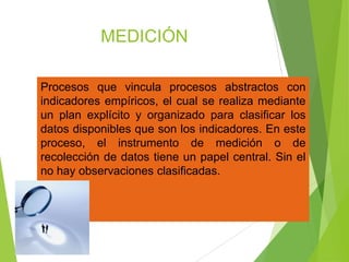 MEDICIÓN
Procesos que vincula procesos abstractos con
indicadores empíricos, el cual se realiza mediante
un plan explícito y organizado para clasificar los
datos disponibles que son los indicadores. En este
proceso, el instrumento de medición o de
recolección de datos tiene un papel central. Sin el
no hay observaciones clasificadas.
 