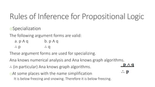 Rules of Inference for Propositional Logic
oSpecialization
The following argument forms are valid:
a. p ∧ q b. p ∧ q
∴ p ∴ q
These argument forms are used for specializing.
Ana knows numerical analysis and Ana knows graph algorithms.
∴ (in particular) Ana knows graph algorithms.
oAt some places with the name simplification
It is below freezing and snowing. Therefore it is below freezing.
 