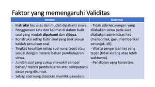 Faktor yang memengaruhi Validitas
Internal Eksternal
- Instruksi tes jelas dan mudah dipahami siswa.
- Penggunaan kata dan kalimat di dalam butir
soal yang mudah dipahami dan dibaca.
- Konstruksi setiap butir soal yang baik sesuai
kaidah penulisan soal.
- Tingkat kesulitan setiap soal yang tepat atau
sesuai dengan materi/ bahan pembelajaran
siswa.
- Jumlah soal yang cukup mewakili sampel
bahan/ materi pembelajaran atau kompetensi
dasar yang dituntut.
- Setiap soal yang disajikan memiliki jawaban.
- Tidak ada kecurangan yang
dilakukan siswa pada saat
dilakukan administrasi tes
(mencontek, guru memberikan
petunjuk, dll).
- Waktu pengerjaan tes yang
tepat (tidak kurang atau lebih
waktunya).
- Penskoran yang konsisten.
 
