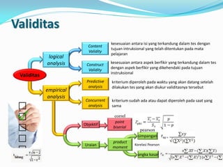 Validitas
Content
Validity
Construct
Validity
Predictive
analysis
Concurrent
analysis
Objektif
Uraian
point
biserial
product
moment
Validitas
empirical
analysis
logical
analysis kesesuaian antara aspek berfikir yang terkandung dalam tes
dengan aspek berfikir yang dikehendaki pada tujuan
instruksional
kesesuaian antara isi yang terkandung dalam tes dengan
tujuan intruksional yang telah ditentukan pada mata
pelajaran
angka kasar
simpangan
Korelasi Pearson
kriterium diperoleh pada waktu yang akan datang setelah
dilakukan tes yang akan diukur validitasnya tersebut
kriterium sudah ada atau dapat diperoleh pada saat yang
sama
correl
pearson
 