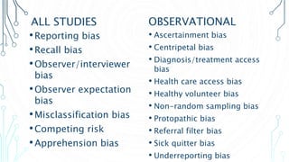 ALL STUDIES
•Reporting bias
•Recall bias
•Observer/interviewer
bias
•Observer expectation
bias
•Misclassification bias
•Competing risk
•Apprehension bias
OBSERVATIONAL
• Ascertainment bias
• Centripetal bias
• Diagnosis/treatment access
bias
• Health care access bias
• Healthy volunteer bias
• Non-random sampling bias
• Protopathic bias
• Referral filter bias
• Sick quitter bias
• Underreporting bias
 