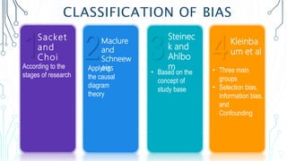 4
1
1 2 3
Sacket
and
Choi
According to the
stages of research
Maclure
and
Schneew
eiss
Steinec
k and
Ahlbo
m
Applying
the causal
diagram
theory
• Based on the
concept of
study base
4Kleinba
um et al
• Three main
groups
• Selection bias,
Information bias,
and
Confounding
CLASSIFICATION OF BIAS
 