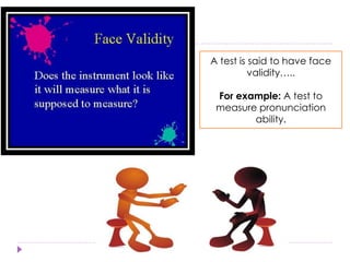 A test is said to have face
validity…..
For example: A test to
measure pronunciation
ability.
 