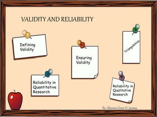 Defining
Validity
Ensuring
Validity
Reliability in
Quantitative
Research
Reliability in
Qualitative
Research
VALIDITY AND RELIABILITY
By: Sheena Gyne O. Jayma
 