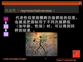代表性（ representativeness ） 代表性信度指横跨次级群组的信度。也就是把指标用于不同次级群组（如年龄、性别）时，可以得到同样的结果 。 1.1 1.2 1.3 
