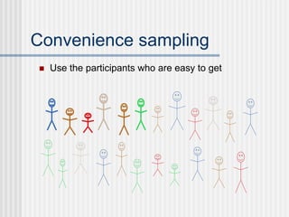 Convenience sampling
 Use the participants who are easy to get
 
