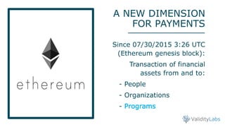 Since 07/30/2015 3:26 UTC
(Ethereum genesis block):
Transaction of financial
assets from and to:
- People
- Organizations
...