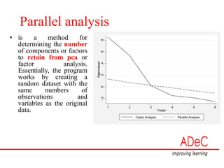 Parallel analysis
• is a method for
determining the number
of components or factors
to retain from pca or
factor analysis.
Essentially, the program
works by creating a
random dataset with the
same numbers of
observations and
variables as the original
data.
 