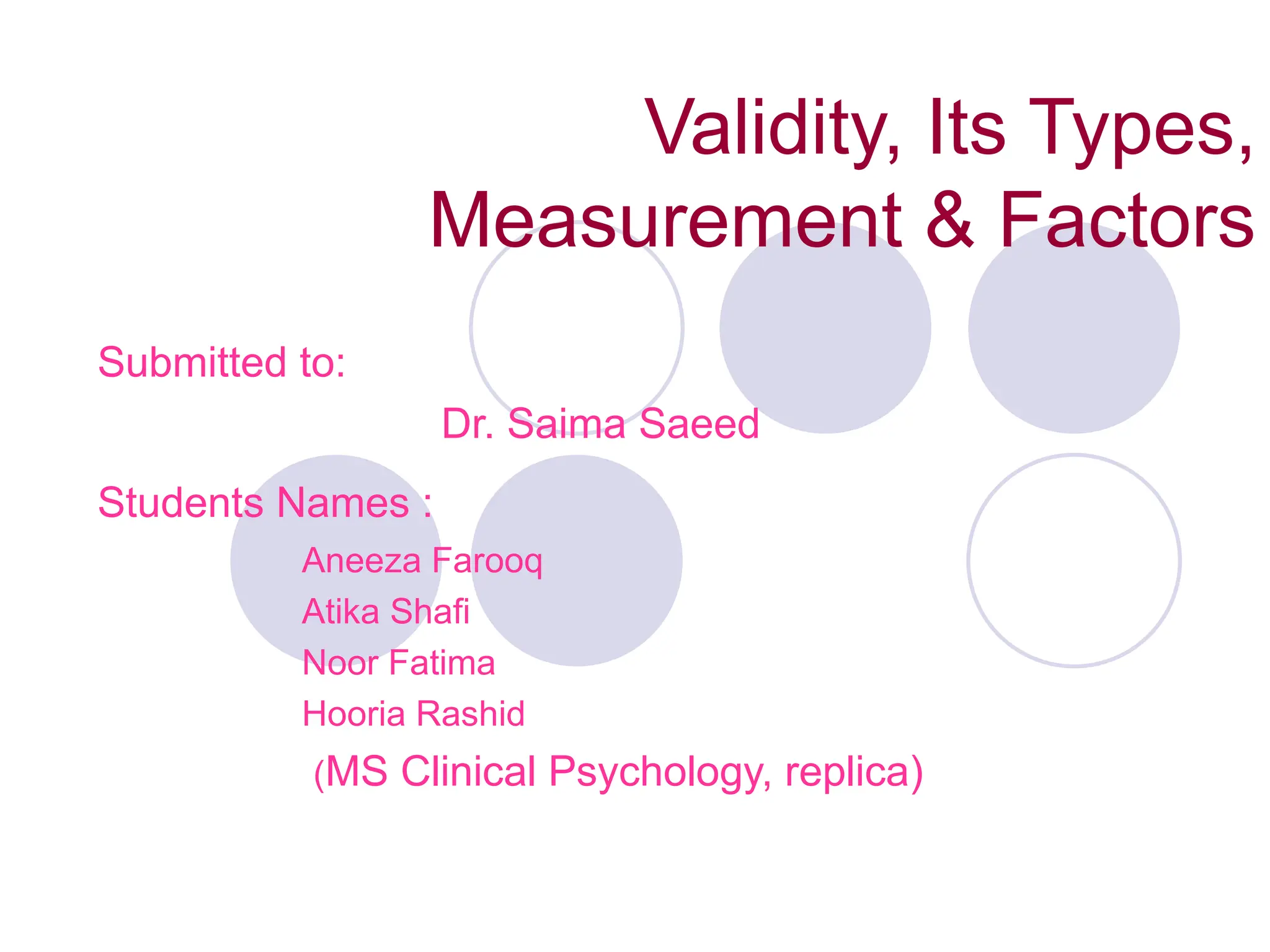 Validity, Its Types,
Measurement & Factors
Submitted to:
Dr. Saima Saeed
Students Names :
Aneeza Farooq
Atika Shafi
Noor Fatima
Hooria Rashid
(MS Clinical Psychology, replica)
 