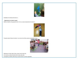 - Verbalizan el nombre del número 1.
Exploramos con nuestro cuerpo:
- Salimos al patio y los agrupamos de 3. Con su cuerpo representan el número 1.
- Trazamos sobre el piso el número 1 con cinta y los niños caminan repasando el trazo.
- Dibujamos círculos sobre el piso, tantos como niños hay.
- A la cuenta se ubicarán dentro del círculo cada niño.
- Se pregunta ¿Cuántos niños hay en cada círculo? Los niños responden.
 
