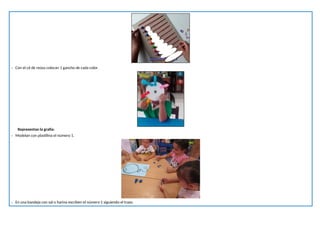 - Con el cd de reúso colocan 1 gancho de cada color.
Representan la grafía:
- Modelan con plastilina el número 1.
- En una bandeja con sal o harina escriben el número 1 siguiendo el trazo.
 