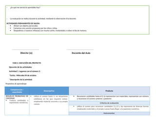 - ¿En qué me servirá lo aprendido hoy?
- La evaluación se realiza durante la actividad, mediante la observación d la docente.
ACTIVIDADES PERMANENTES DE SALIDA:
 Alistan sus objetos personales.
 Cantamos una canción propuesta por los niños y niñas.
 Despedimos a nuestros niños(as) con mucho cariño, invitándolos a volver el día de mañana.
FASE 2. EJECUCIÓN DEL PROYECTO
Ejecución de las actividades
Actividad 1: Jugamos con el número 3.
*Fecha.: Miércoles 04 de octubre.
*Descripción de la actividad.
Propósitos de aprendizaje:
Competencias /
capacidades
Desempeños Producto
RESUELVE PROBLEMAS DE
CANTIDAD
 Traduce cantidades a
expresiones numéricas.
 Utiliza el conteo hasta 5, en situaciones
cotidianas en las que requiere contar,
empleando material concreto o su propio
cuerpo.
 Reconocen cantidades hasta el 3, la representan con materiales, representan con número
y reconocen el número anterior y posterior.
Criterios de evaluación
 Utiliza el conteo para reconocer cantidades (1,2,3) y las representa de diversas formas
empleando materiales y el propio cuerpo hasta llegar a la expresion numérica.
Instrumentos
__________________________________
Docente del Aula
__________________________________
Director (a)
 