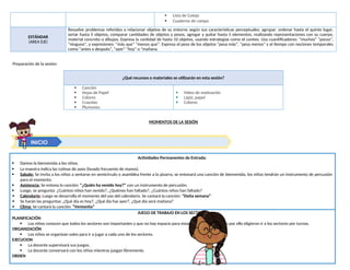  Lista de Cotejo
 Cuaderno de campo
ESTÁNDAR
(AREA EJE)
Resuelve problemas referidos a relacionar objetos de su entorno según sus características perceptuales; agrupar, ordenar hasta el quinto lugar,
seriar hasta 5 objetos, comparar cantidades de objetos y pesos, agregar y quitar hasta 5 elementos, realizando representaciones con su cuerpo,
material concreto o dibujos. Expresa la cantidad de hasta 10 objetos, usando estrategias como el conteo. Usa cuantificadores: “muchos” “pocos”,
"ninguno", y expresiones: “más que" “menos que”. Expresa el peso de los objetos “pesa más”, “pesa menos” y el tiempo con nociones temporales
como “antes o después”, "ayer" "hoy" o "mañana.
Preparación de la sesión:
¿Qué recursos o materiales se utilizarán en esta sesión?
 Canción
 Hojas de Papel
 Colores
 Crayolas
 Plumones
 Video de motivación
 Lápiz, papel
 Colores
MOMENTOS DE LA SESIÓN
Actividades Permanentes de Entrada:
 Damos la bienvenida a los niños.
 La maestra indica las rutinas de aseo (lavado frecuente de manos).
 Saludo: Se invita a los niños a sentarse en semicírculo o asamblea frente a la pizarra, se entonará una canción de bienvenida, los niños tendrán un instrumento de percusión
para el momento.
 Asistencia: Se entona la canción: “¿Quién ha venido hoy?” con un instrumento de percusión.
 Luego, se pregunta: ¿Cuántos niños han venido?, ¿Quiénes han faltado?, ¿Cuántos niños han faltado?
 Calendario: Luego se desarrolla el momento del uso del calendario. Se cantará la canción: “Doña semana”
 Se harán las preguntas: ¿Qué día es hoy?, ¿Qué día fue ayer?, ¿Qué día será mañana?
 Clima: Se cantará la canción: “Ventanita”
JUEGO DE TRABAJO EN LOS SECTORES
PLANIFICACIÓN
 Los niños conocen que todos los sectores son importantes y que no hay espacio para estar todos juntos en ellos por ello eligieron ir a los sectores por turnos.
ORGANIZACIÓN
 Los niños se organizan solos para ir a jugar a cada uno de los sectores.
EJECUCION
 La docente supervisará sus juegos.
 La docente conversará con los niños mientras juegan libremente.
ORDEN
INICIO
 