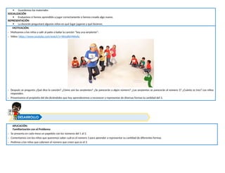  Guardemos los materiales
SOCIALIZACIÓN
 Evaluemos si hemos aprendido a jugar correctamente o hemos creado algo nuevo.
REPRESENTACIÓN
 La docente preguntará algunos niños en qué lugar jugaron y qué hicieron.
MOTIVACIÓN:
- Motivamos a los niños a salir al patio a bailar la canción “Soy una serpiente”:
- Video: https://www.youtube.com/watch?v=WUol0rMWxAc
- Después se pregunta ¿Qué dice la canción? ¿Cómo son las serpientes? ¿Se parecerán a algún número? ¿Las serpientes se parecerán al número 3? ¿Cuánto es tres? Los niños
responden.
- Presentamos el propósito del día diciéndoles que hoy aprenderemos a reconocer y representar de diversas formas la cantidad del 3.
APLICACIÓN:
Familiarización con el Problema:
- Se presenta en cada mesa un papelote con los números del 1 al 3.
- Comentamos con los niños que queremos saber cuál es el número 3 para aprender a representar su cantidad de diferentes formas.
- Pedimos a los niños que coloreen el número que creen que es el 3.
DESARROLLO
 
