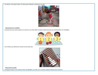- Se colocan 3 aros sobre el piso. Los niños pasan saltando y contando en voz alta.
Representamos la cantidad:
- Se proporciona por mesas tarjetas con números y los niños deben conseguir objetos del aula para representarlos con cantidades.
- Con el ábaco que solicitamos cuentan tres de cada color.
Representan la grafía:
- Entregamos hojas con los números hasta 3 de plastilina. Los niños con un punzón repasan la silueta de los números.
 