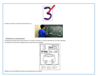 - Escriben en la pizarra con tizas los números del 1 al 3.
Socialización de sus representaciones:
- Se pregunta ¿Qué hicieron para saber cuánto es 2? ¿Cómo es el número 2? ¿Cómo lo descubrieron? Los niños responden.
- Se proporciona a cada mesa un papelote para que representen lo aprendido.
- Dibujan de manera individual en hojas las representaciones que realizaron.
 