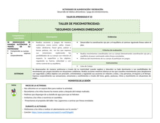 ACTIVIDADES DE ALIMENTACIÓN Y RECREACIÓN:
Desarrollo de hábitos alimenticios / juego de entretenimiento.
TALLER DE APRENDIZAJE Nº 03
Competencias /
capacidades
Desempeños Evidencias
SE DESENVUELVE DE
MANERA AUTÓNOMA A
TRAVÉS DE SU
MOTRICIDAD
 Comprende su cuerpo.
 Se expresa
corporalmente
 Realiza acciones y juegos de manera
autónoma, como correr, saltar, trepar,
rodar, deslizarse, hacer giros, patear y
lanzar pelotas, etc. -en los que expresa
sus emociones- explorando las
posibilidades de su cuerpo con relación al
espacio, la superficie y los objetos,
regulando su fuerza, velocidad y con
cierto control de su equilibrio.
 Desarrollan la coordinación ojo pie y el equilibrio al caminar siguiendo líneas sobre el
piso.
Criterios de evaluación
 Realiza movimientos coordinados con su cuerpo demostrando coordinación ojo pie y
equilibrio al pasar caminando sobre líneas enredadas.
 Disfruta del movimiento de su cuerpo al participar en juegos.
Instrumentos
 Lista de Cotejo
ESTÁNDAR
Se desenvuelve de manera autónoma a través de su motricidad cuando explora y descubre su lado dominante y sus posibilidades de
movimiento por propia iniciativa en situaciones cotidianas. Realiza acciones motrices básicas en las que coordina movimientos para desplazarse
con seguridad y utiliza objetos con precisión, orientándose y regulando sus acciones en relación a estos, a las personas, el espacio y el tiempo.
Expresa corporalmente sus sensaciones, emociones y sentimientos a través del tono, gesto, posturas, ritmo y movimiento en situaciones de
juego.
MOMENTOS DE LA SESIÓN
Inicio INICIO DE LA ACTIVIDAD:
- Nos ubicamos en un espacio libre para realizar la actividad.
- Recordamos a los niños lavarse las manos antes y después del trabajo realizado.
- Pedimos que dispongan de su botella de agua para que se hidraten
- Invitamos a los niños a reunirnos en asamblea.
- Presentamos el propósito del taller: hoy jugaremos a caminar por líneas enredadas
DURANTE LA ACTIVIDAD:
- Motivamos a los niños a realizar el calentamiento con la canción “
- Canción: https://www.youtube.com/watch?v=nzxf7EPgg6M
TALLER DE PSICOMOTRICIDAD:
“SEGUIMOS CAMINOS ENREDADOS”
 