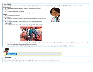 PLANIFICACIÓN
 Los niños conocen que todos los sectores son importantes y que no hay espacio para estar todos juntos en ellos por ello eligieron ir a los sectores por turnos.
ORGANIZACIÓN
 Los niños se organizan solos para ir a jugar a cada uno de los sectores.
EJECUCION
 La docente supervisará sus juegos.
 La docente conversará con los niños mientras juegan libremente.
ORDEN
 Guardemos los materiales
SOCIALIZACIÓN
 Evaluemos si hemos aprendido a jugar correctamente o hemos creado algo nuevo.
REPRESENTACIÓN
 La docente preguntará algunos niños en qué lugar jugaron y qué hicieron.
MOTIVACIÓN:
 Motivamos a los niños a salir al patio a jugar al juego de las sillas musicales:
 Después se pregunta ¿A qué jugamos? ¿Si volteamos la silla podrá tener la forma de un número? ¿Cuál sería? ¿Conocen el número 4? ¿Cómo es? ¿Se parece o no a la
silla? ¿Qué saben acerca del número 4? Los niños responden.
 Presentamos el propósito del día diciéndoles que hoy aprenderemos a reconocer el número 2 y representar su cantidad de diversas formas.
APLICACIÓN:
Familiarización con el Problema:
- Se proporciona rompecabezas grandes de números del 1 al 5, uno para cada mesa. Invitamos a los niños a armarlos.
DESARROLLO
 
