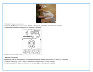 Socialización de sus representaciones:
- Se pregunta ¿Qué hicieron para saber cuánto es 4? ¿Cómo es el número 4? ¿Cómo lo descubrieron? Los niños responden.
- Se proporciona a cada mesa un papelote para que representen lo aprendido.
- Dibujan de manera individual en hojas las representaciones que realizaron.
Reflexión y Formalización:
- Reflexionamos junto con los niños sobre los procedimientos realizados para aprender cuanto es cuatro y el número que la representa.
- Se pregunta ¿Qué hicieron? ¿Cómo lo hicieron? ¿Qué utilizaron? ¿Qué aprendieron? Los niños responden.
- Se proporciona a cada niño tarjetas con los números del 1 al 4 y un agujero. Anclan clips según la cantidad.
 