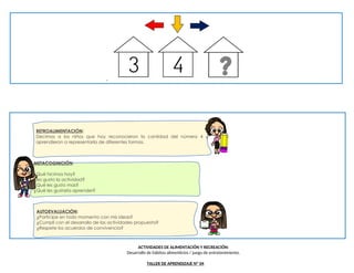 -
ACTIVIDADES DE ALIMENTACIÓN Y RECREACIÓN:
Desarrollo de hábitos alimenticios / juego de entretenimiento.
TALLER DE APRENDIZAJE Nº 04
METACOGNICIÓN:
¿Qué hicimos hoy?
¿les gusto la actividad?
¿Qué les gusto mas?
¿Qué les gustaría aprender?
AUTOEVALUACIÓN:
¿Participe en todo momento con mis ideas?
¿Cumplí con el desarrollo de las actividades propuesta?
¿Respete los acuerdos de convivencia?
RETROALIMENTACIÓN:
Decimos a los niños que hoy reconocieron la cantidad del número 4 y
aprendieron a representarla de diferentes formas.
 