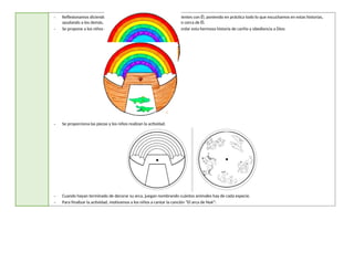 - Reflexionamos diciendo que Dios nos llama a ser como Noé, obedientes con Él, poniendo en práctica todo lo que escuchamos en estas historias,
ayudando a los demás, obedeciendo y sobre todo siempre estando cerca de Él.
- Se propone a los niños elaborar la siguiente manualidad, para recordar esta hermosa historia de cariño y obediencia a Dios:
- Se proporciona las piezas y los niños realizan la actividad.
- Cuando hayan terminado de decorar su arca, juegan nombrando cuántos animales hay de cada especie.
- Para finalizar la actividad, motivamos a los niños a cantar la canción “El arca de Noé”:
 