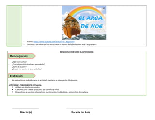 - Fuente: https://www.youtube.com/watch?v=T-_JkELnw7M
- Decimos a los niños que hoy escucharon la historia de la biblia sobre Noé y su gran arca.
REFLEXIONAMOS SOBRE EL APRENDIZAJE:
- ¿Qué hicimos hoy?
- ¿Tuve alguna dificultad para aprenderlo?
- ¿Cómo lo superé?
- ¿En qué me servirá lo aprendido hoy?
- La evaluación se realiza durante la actividad, mediante la observación d la docente.
ACTIVIDADES PERMANENTES DE SALIDA:
 Alistan sus objetos personales.
 Cantamos una canción propuesta por los niños y niñas.
 Despedimos a nuestros niños(as) con mucho cariño, invitándolos a volver el día de mañana.
__________________________________
Docente del Aula
__________________________________
Director (a)
Evaluación:
Metacognición:
 