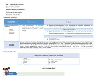 FASE 2. EJECUCIÓN DEL PROYECTO
Ejecución de las actividades
Actividad 1: Jugamos con el número 5.
*Fecha.: Viernes 06 de octubre.
*Descripción de la actividad.
Propósitos de aprendizaje:
Competencias /
capacidades
Desempeños Producto
RESUELVE PROBLEMAS DE
CANTIDAD
 Traduce
cantidades a
expresiones
numéricas.
 Utiliza el conteo hasta 5, en situaciones
cotidianas en las que requiere contar,
empleando material concreto o su propio
cuerpo.
 Reconocen cantidades hasta el 5, la representan con materiales, representan con
número y reconocen el número anterior y posterior.
Criterios de evaluación
 Utiliza el conteo para reconocer cantidades (1,2,3,4,5) y las representa de diversas
formas empleando materiales y el propio cuerpo hasta llegar a la expresión numérica.
Instrumentos
 Lista de Cotejo
 Cuaderno de campo
ESTÁNDAR
(AREA EJE)
Resuelve problemas referidos a relacionar objetos de su entorno según sus características perceptuales; agrupar, ordenar hasta el quinto lugar,
seriar hasta 5 objetos, comparar cantidades de objetos y pesos, agregar y quitar hasta 5 elementos, realizando representaciones con su cuerpo,
material concreto o dibujos. Expresa la cantidad de hasta 10 objetos, usando estrategias como el conteo. Usa cuantificadores: “muchos”
“pocos”, "ninguno", y expresiones: “más que" “menos que”. Expresa el peso de los objetos “pesa más”, “pesa menos” y el tiempo con nociones
temporales como “antes o después”, "ayer" "hoy" o "mañana.
Preparación de la sesión:
¿Qué recursos o materiales se utilizarán en esta sesión?
 Canción
 Hojas de Papel
 Colores
 Crayolas
 Plumones
 Video de motivación
 Lápiz, papel
 Colores
MOMENTOS DE LA SESIÓN
INICIO
 