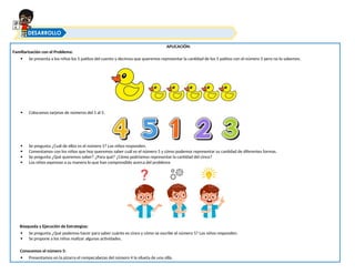 APLICACIÓN:
Familiarización con el Problema:
 Se presenta a los niños los 5 patitos del cuento y decimos que queremos representar la cantidad de los 5 patitos con el número 5 pero no lo sabemos.
 Colocamos tarjetas de números del 1 al 5.
 Se pregunta ¿Cuál de ellos es el número 5? Los niños responden.
 Comentamos con los niños que hoy queremos saber cuál es el número 5 y cómo podemos representar su cantidad de diferentes formas.
 Se pregunta ¿Qué queremos saber? ¿Para qué? ¿Cómo podríamos representar la cantidad del cinco?
 Los niños expresan a su manera lo que han comprendido acerca del problema
Búsqueda y Ejecución de Estrategias:
 Se pregunta ¿Qué podemos hacer para saber cuánto es cinco y cómo se escribe el número 5? Los niños responden.
 Se propone a los niños realizar algunas actividades.
Conocemos el número 5:
 Presentamos en la pizarra el rompecabezas del número 4 la silueta de una silla.
DESARROLLO
 