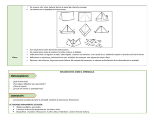 Cierre
 Se propone a los niños elaborar barcos de papel para hacerlos navegar.
 Se presenta en un papelote las instrucciones.
 Con ayuda de los niños leemos las instrucciones.
 Se proporcionan hojas de colores y los niños realizan el doblado.
 Colocamos tinas con agua en el patio. salen al patio y colocan sus barquitos y con ayuda de un sorbete los soplan en a la dirección del al frente.
 Felicitamos su esfuerzo y participación en esta actividad. los invitamos a ser héroes de nuestro Perú.
 Decimos a los niños que hoy conocimos la historia del combate de Angamos y la valerosa acción heroica de su almirante que la protegió.
REFLEXIONAMOS SOBRE EL APRENDIZAJE:
- ¿Qué hicimos hoy?
- ¿Tuve alguna dificultad para aprenderlo?
- ¿Cómo lo superé?
- ¿En qué me servirá lo aprendido hoy?
- La evaluación se realiza durante la actividad, mediante la observación d la docente.
ACTIVIDADES PERMANENTES DE SALIDA:
 Alistan sus objetos personales.
 Cantamos una canción propuesta por los niños y niñas.
 Despedimos a nuestros niños(as) con mucho cariño, invitándolos a volver el día de mañana.
Evaluación:
Metacognición:
 