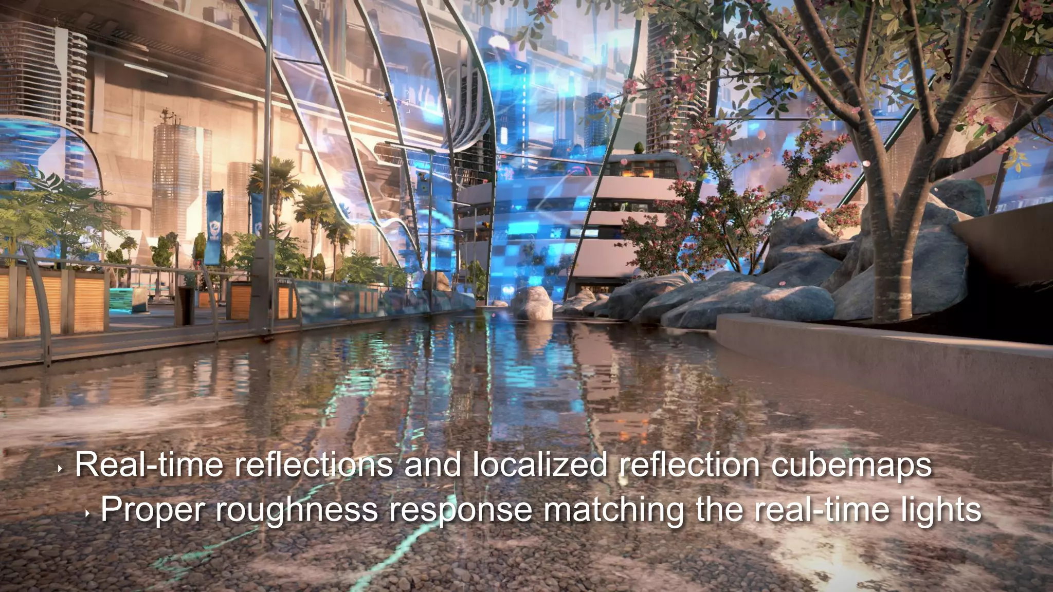 ‣ Real-time reflections and localized reflection cubemaps
‣ Proper roughness response matching the real-time lights
 