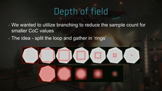 ‣ We wanted to utilize branching to reduce the sample count for
smaller CoC values
‣ The idea - split the loop and gather in „rings‟
 