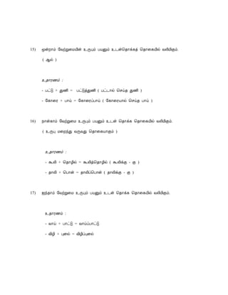 15)   ãýÈ¡õ §ÅüÚ¨ÁÂ¢ý ¯ÕÒõ ÀÂÛõ ¯¼ý¦¾¡ì¸ò ¦¾¡¨¸Â¢ø ÅÄ¢Á¢Ìõ.

      ( ¬ø )



      ¯¾¡Ã½õ :

      - ÀðÎ + Ð½¢ =   ÀðÎòÐ½¢ ( Àð¼¡ø ¦ºö¾ Ð½¢ )

      - §¸¡¨Ã + À¡ö = §¸¡¨ÃôÀ¡ö ( §¸¡¨ÃÂ¡ø ¦ºö¾ À¡ö )



16)   ¿¡ý¸¡õ §ÅüÚ¨Á ¯ÕÒõ ÀÂÛõ ¯¼ý ¦¾¡ì¸ ¦¾¡¨¸Â¢ø ÅÄ¢Á¢Ìõ.

      ( ¯ÕÒ Á¨ÈóÐ ÅÕÅÐ ¦¾¡¨¸Â¡Ìõ )



       ¯¾¡Ã½õ :

       - ÜÄ¢ + ¦¾¡Æ¢ø = ÜÄ¢ò¦¾¡Æ¢ø ( ÜÄ¢ìÌ - Ì )

       - ¾¡Ä¢ + ¦À¡ý = ¾¡Ä¢ô¦À¡ý ( ¾¡Ä¢ìÌ - Ì )



17)   ³ó¾¡õ §ÅüÚ¨Á ¯ÕÒõ ÀÂÛõ ¯¼ý ¦¾¡ì¸ ¦¾¡¨¸Â¢ø ÅÄ¢Á¢Ìõ.




       ¯¾¡Ã½õ :

       - Å¡ö + À¡ðÎ = Å¡öôÀ¡ðÎ

       - Å¢Æ¢ + ÒÉø = Å¢Æ¢ôÒÉø
 