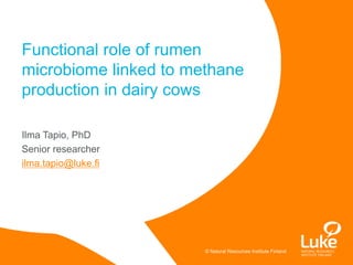 © Natural Resources Institute Finland© Natural Resources Institute Finland
Ilma Tapio, PhD
Senior researcher
ilma.tapio@luke.fi
Functional role of rumen
microbiome linked to methane
production in dairy cows
 
