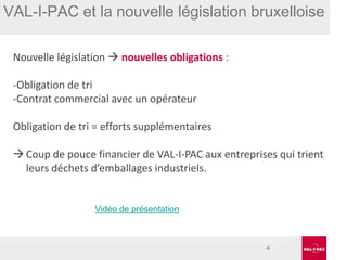 VAL-I-PAC et la nouvelle législation bruxelloise
Nouvelle législation  nouvelles obligations :
-Obligation de tri
-Contrat commercial avec un opérateur
Obligation de tri = efforts supplémentaires
 Coup de pouce financier de VAL-I-PAC aux entreprises qui trient
leurs déchets d’emballages industriels.

Vidéo de présentation

4

 