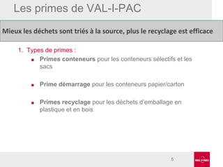 Les primes de VAL-I-PAC
Mieux les déchets sont triés à la source, plus le recyclage est efficace
1. Types de primes :
■ Primes conteneurs pour les conteneurs sélectifs et les
sacs
■

Prime démarrage pour les conteneurs papier/carton

■

Primes recyclage pour les déchets d’emballage en
plastique et en bois

5

 