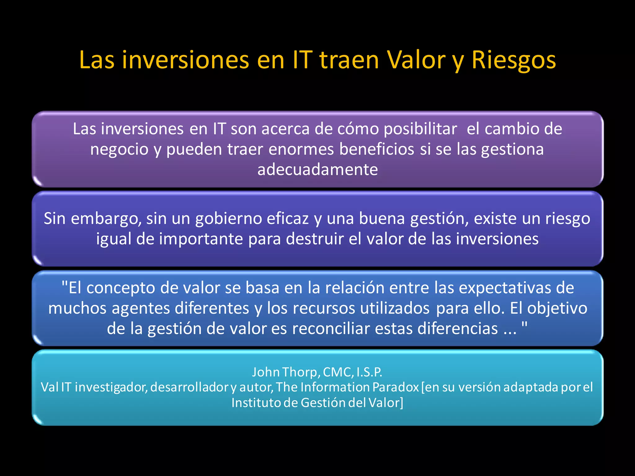 Las inversiones en IT traen Valor y Riesgos

     Las inversiones en IT son acerca de cómo posibilitar el cambio de
       negocio y pueden traer enormes beneficios si se las gestiona
                              adecuadamente

Sin embargo, sin un gobierno eficaz y una buena gestión, existe un riesgo
      igual de importante para destruir el valor de las inversiones

  "El concepto de valor se basa en la relación entre las expectativas de
 muchos agentes diferentes y los recursos utilizados para ello. El objetivo
        de la gestión de valor es reconciliar estas diferencias ... "

                                       John Thorp, CMC, I.S.P.
Val IT investigador, desarrollador y autor, The Information Paradox [en su versión adaptada por el
                                   Instituto de Gestión del Valor]
 