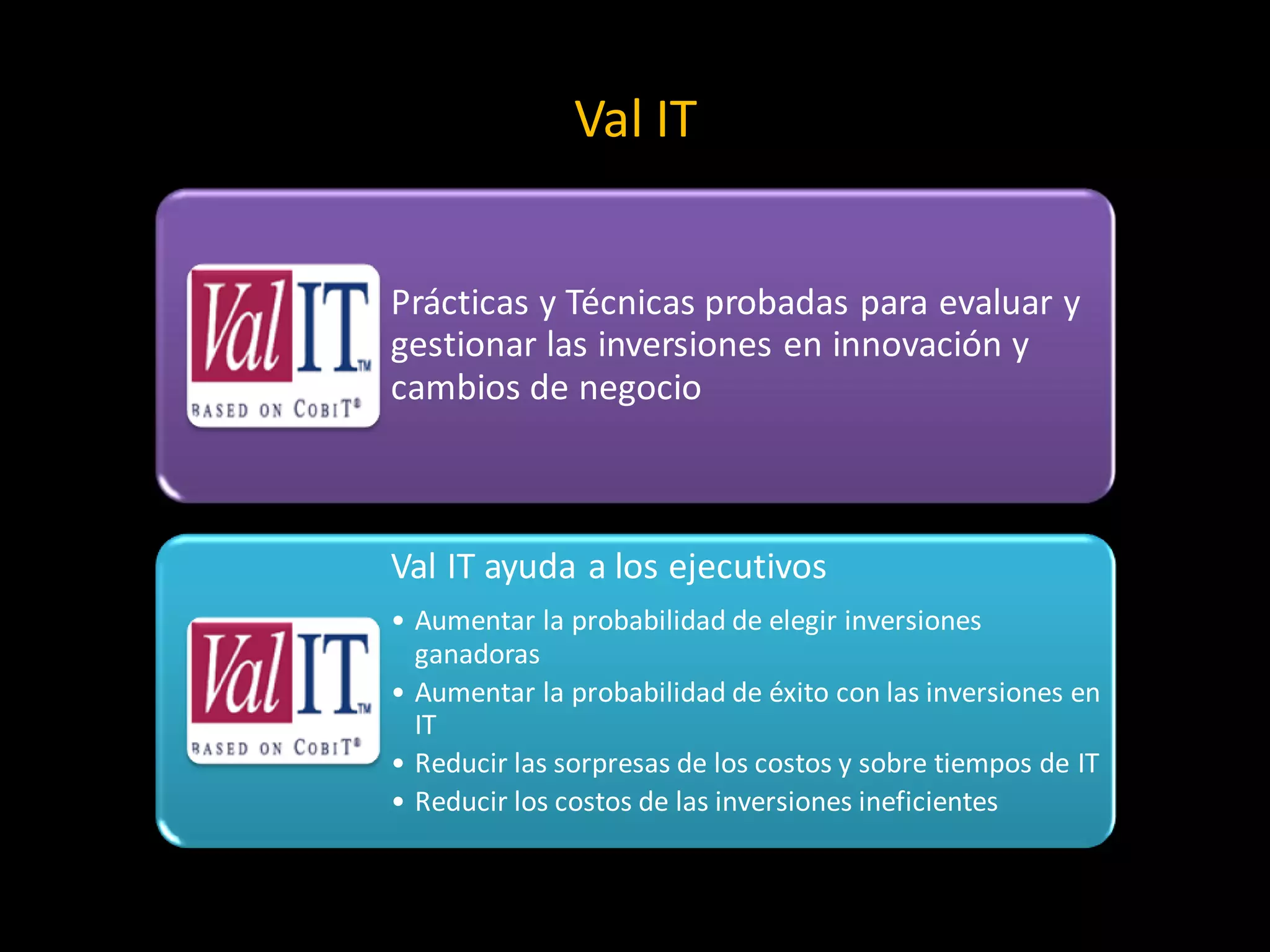 Val IT


Prácticas y Técnicas probadas para evaluar y
gestionar las inversiones en innovación y
cambios de negocio



Val IT ayuda a los ejecutivos
• Aumentar la probabilidad de elegir inversiones
  ganadoras
• Aumentar la probabilidad de éxito con las inversiones en
  IT
• Reducir las sorpresas de los costos y sobre tiempos de IT
• Reducir los costos de las inversiones ineficientes
 