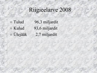 Riigieelarve 2008 
Tulud 96,3 miljardit 
Kulud 93,6 miljardit 
Ülejääk 2,7 miljardit  