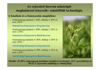 Az erjesztett lucerna minőségét
meghatározó tényezők: szántóföldi technológia
A fenofázis és a fonnyasztás megítélése:
•szárazanyag-tartalom > 40%, fehérje < 20% és
rost >30%:
•intenzíven fonnyasztva öreg lucerna
•szárazanyag-tartalom > 40%, fehérje > 22% és
rost < 25%:
•intenzíven fonnyasztva fiatal lucerna
•szárazanyag-tartalom < 30%, fehérje < 20% és
rost >30% :
•rövid ideig fonnyasztva öreg lucerna
•szárazanyag-tartalom < 30%, fehérje > 22% és
rost < 25%:
•rövid ideig fonnyasztva fiatal lucerna
•Ideális: 35-40% szárazanyag-tartalom (erjedés⇔⇔⇔⇔veszteség!), 22% nyersfehérje és
20-25 % nyersrost (minőség ⇔⇔⇔⇔ mennyiség)
 