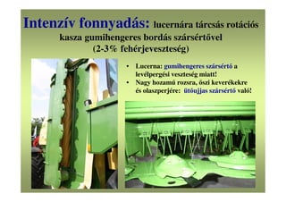 Intenzív fonnyadás: lucernára tárcsás rotációs
kasza gumihengeres bordás szársértővel
(2-3% fehérjeveszteség)
• Lucerna: gumihengeres szársértő a
levélpergési veszteség miatt!
• Nagy hozamú rozsra, őszi keverékekre
és olaszperjére: ütőujjas szársértő való!
 