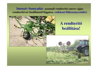 Intenzív fonnyadás: azonnali rendterítés merev ujjas
rendterítővel (beállítástól függően: csökkent földszennyeződés)
A rendterítő
beállítása!
 