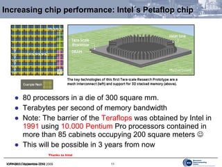 Increasing chip performance:  Intel´s Petaflop chip 80 processors in a die of 300 square mm. Terabytes per second of memory bandwidth Note: The barrier of the  Teraflops  was obtained by Intel in  1991  using  10.000 Pentium  Pro processors contained in more than 85 cabinets occupying 200 square meters   This will be possible in 3 years from now ICPP-2009, September 23rd 2009 Thanks to Intel 