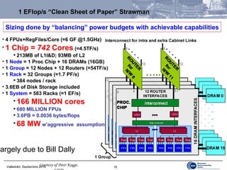 1 EFlop/s “Clean Sheet of Paper” Strawman 4 FPUs+RegFiles/Core (=6 GF @1.5GHz) 1 Chip =  742  Cores  (=4.5TF/s) 213MB of L1I&D; 93MB of L2 1  Node  = 1 Proc Chip + 16 DRAMs (16GB) 1  Group  = 12 Nodes + 12 Routers (=54TF/s) 1  Rack  = 32 Groups (=1.7 PF/s) 384 nodes / rack 3.6EB of Disk Storage included  1  System  = 583 Racks (=1 EF/s) 166 MILLION cores 680 MILLION FPUs 3.6PB = 0.0036 bytes/flops 68 MW  w’aggressive  assumptions Sizing done by “balancing” power budgets with achievable capabilities Largely due to Bill Dally Courtesy of Peter Kogge, UND 