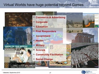 Virtual Worlds have huge potential beyond Games Commerce & Advertising Corporate Education First Responders Government Health Military Science Community Facilitation Social Change 
