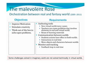 The malevolent Rose
Orchestration between real and fantasy world (2009 -2011)
      Objectives                               Requirements
   Improve Motivation             Authoring tools
                                      New virtual world every 2 years
   Stimulate creativity
                                      Teachers can create problems that involves
   Think out of the box to            elements in real and virtual world.
   solve open problems.               Reuse of learning materials
                                  Communication between worlds
                                      Students actions have effect in both worlds .
                                      Interactions in real time
                                      Move objects and characters between worlds
                                  Monitor and tracking
                                      Feedback loop in real time




Some challenges solved in imaginary world are not solved technically in virtual worlds.
 