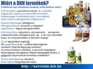 Miért a DXN termékek?
A Wellness ipar töretlenül növekvő, trillió dolláros üzlet!
A fő termékek a ganoderma kávék, de a táplálék
kiegészítők, higiéniai és kozmetikai termékek
hatékonysága is eladhatóvá teszi a termékeket,
valós emberi szükségleteket elégítenek ki!
Hasznos tápanyagok bőségesen!
Méregtelenítenek, kivezetik a mérgeket!
Lúgosítanak – fogyás támogató diéta!
Erek letisztítása, koleszterin, vércukorszínt, vérnyomás
csökkentő hatás! Vérhígító hatás, így a vér nem sűrűsödik
össze, és a hajszálerekben is könnyen mozog!
Új vér képzésében segítség!
Vér oxigénfelvevő és – szállító képességének
növelése! Teljesítő képesség növelése!
Az immunrendszer erősítése, a szervezet öngyógyító
képességének támogatása! Rejtett betegségek jelzése, a
gyógyulás folyamatának beindulás érdekében!
Stressz tűrő képesség növelése!
Alvás segítő, hangulatjavító hatás!
 