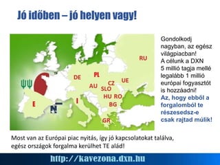 Jó időben – jó helyen vagy!
Most van az Európai piac nyitás, így jó kapcsolatokat találva,
egész országok forgalma kerülhet TE alád!
Gondolkodj
nagyban, az egész
világpiacban!
A célunk a DXN
5 millió tagja mellé
legalább 1 millió
európai fogyasztót
is hozzáadni!
Az, hogy ebből a
forgalomból te
részesedsz-e
csak rajtad múlik!
 