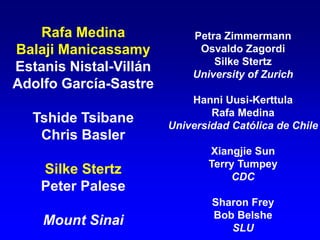 Rafa Medina
Balaji Manicassamy
Estanis Nistal-Villán
Adolfo García-Sastre
Tshide Tsibane
Chris Basler
Silke Stertz
Peter Palese
Mount Sinai
Petra Zimmermann
Osvaldo Zagordi
Silke Stertz
University of Zurich
Hanni Uusi-Kerttula
Rafa Medina
Universidad Católica de Chile
Xiangjie Sun
Terry Tumpey
CDC
Sharon Frey
Bob Belshe
SLU
 